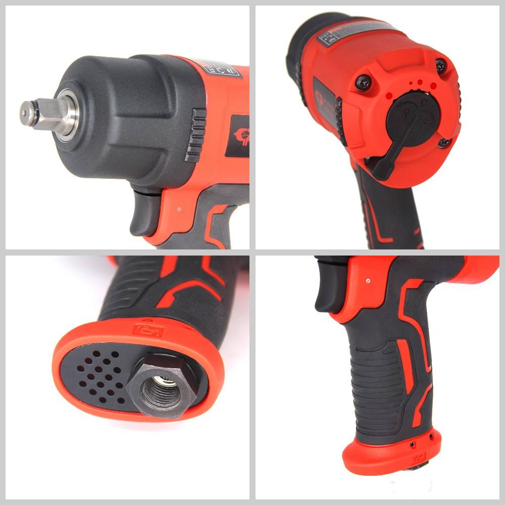 Close-up detail shot of a 1/2-inch industrial-grade air impact wrench, showcasing its ergonomic composite body, rugged metal impact mechanism, easy-to-use throttle switch, and air inlet.