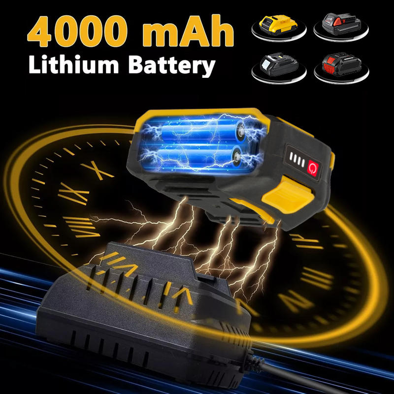 4000 mAh lithium battery for power tools, showcasing various battery models and fast - charging performance with visual lightning effects.