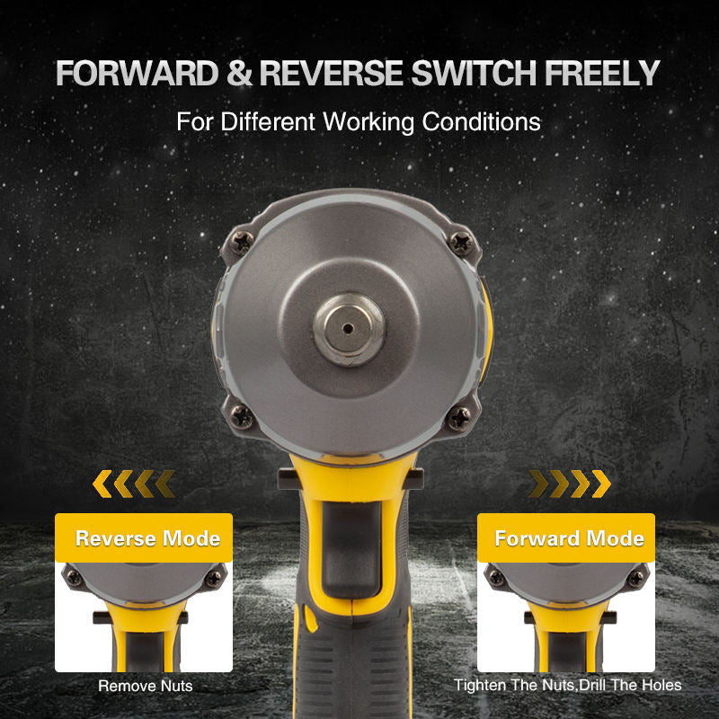 Electric impact wrench with freely switchable forward & reverse modes for different working conditions—reverse mode to remove nuts, forward mode to tighten nuts and drill holes.