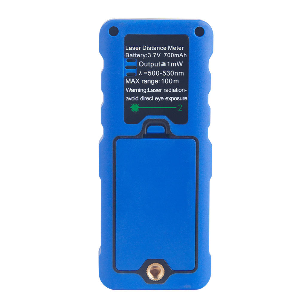 Close-up of the laser meter's back label detailing its 100m range, 3.7V 700mAh battery, 1mW output, 500-530nm green laser, and laser safety warning.