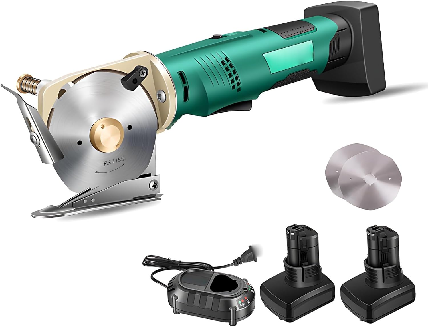 Detailed close-up of a professional handheld automatic cutting machine, showcasing its 30cm body height, 5.4cm thickness, and interchangeable 9cm & 7cm blades for precision cutting of materials up to 3.3cm and 2.5cm thick respectively.