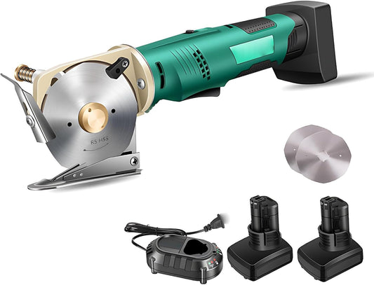 Detailed close-up of a professional handheld automatic cutting machine, showcasing its 30cm body height, 5.4cm thickness, and interchangeable 9cm & 7cm blades for precision cutting of materials up to 3.3cm and 2.5cm thick respectively.