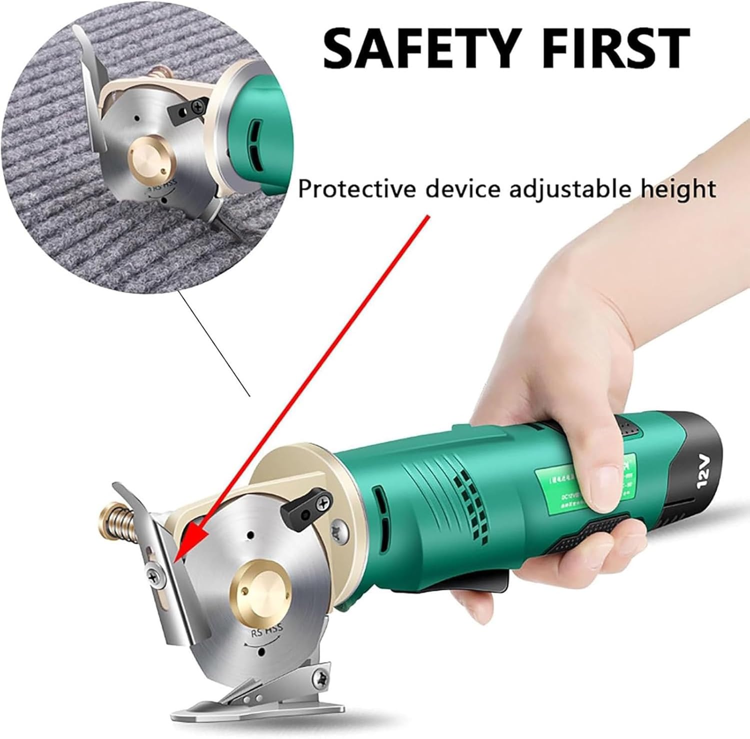 Close-up detail of the adjustable height safety guard on an automatic handheld cutting machine, emphasizing the 'Safety First' design feature for user protection.