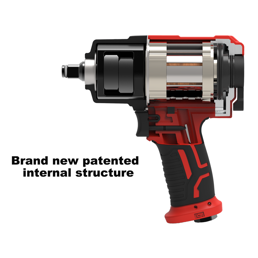Exploded view or cutaway diagram showing the brand new patented internal structure of a 1/2-inch heavy-duty air impact wrench