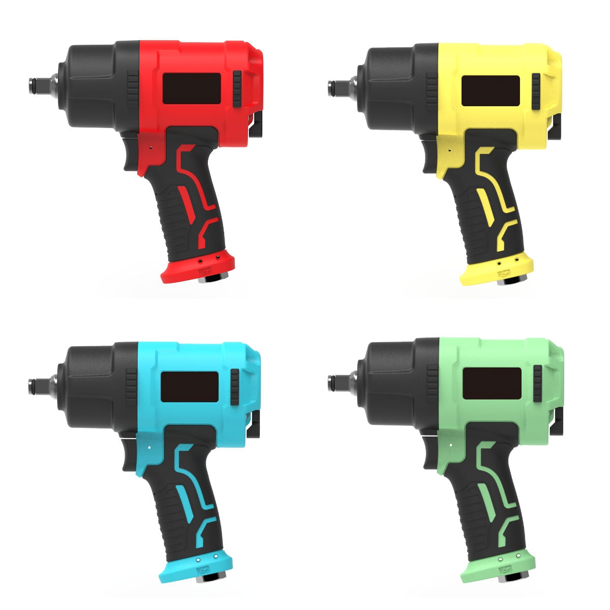 Four - color electric impact wrenches (red, yellow, blue, green) featuring ergonomic handle design for enhanced grip comfort.