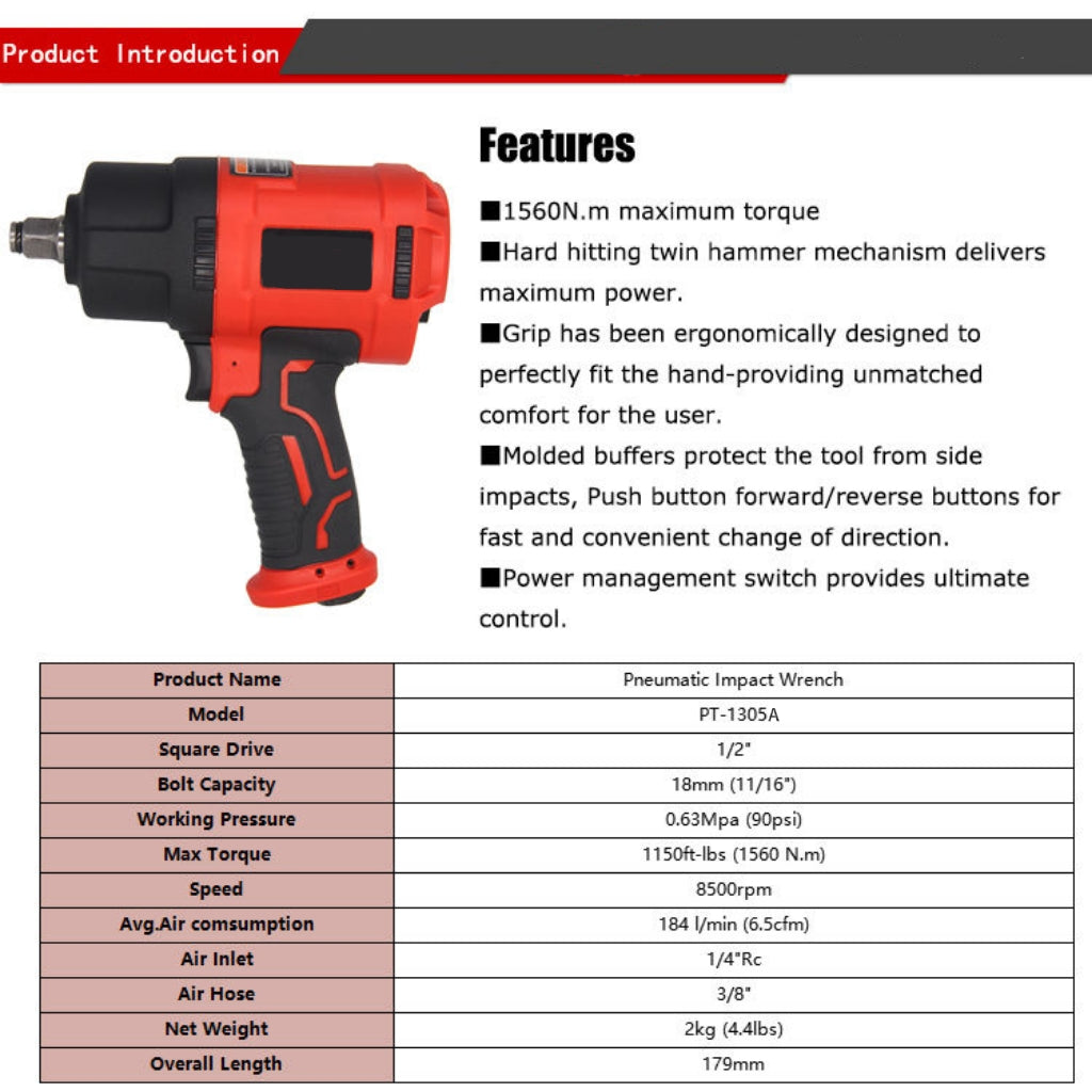 PT-1305A Portable High-Torque 1/2-inch Square Drive Pneumatic Impact Wrench