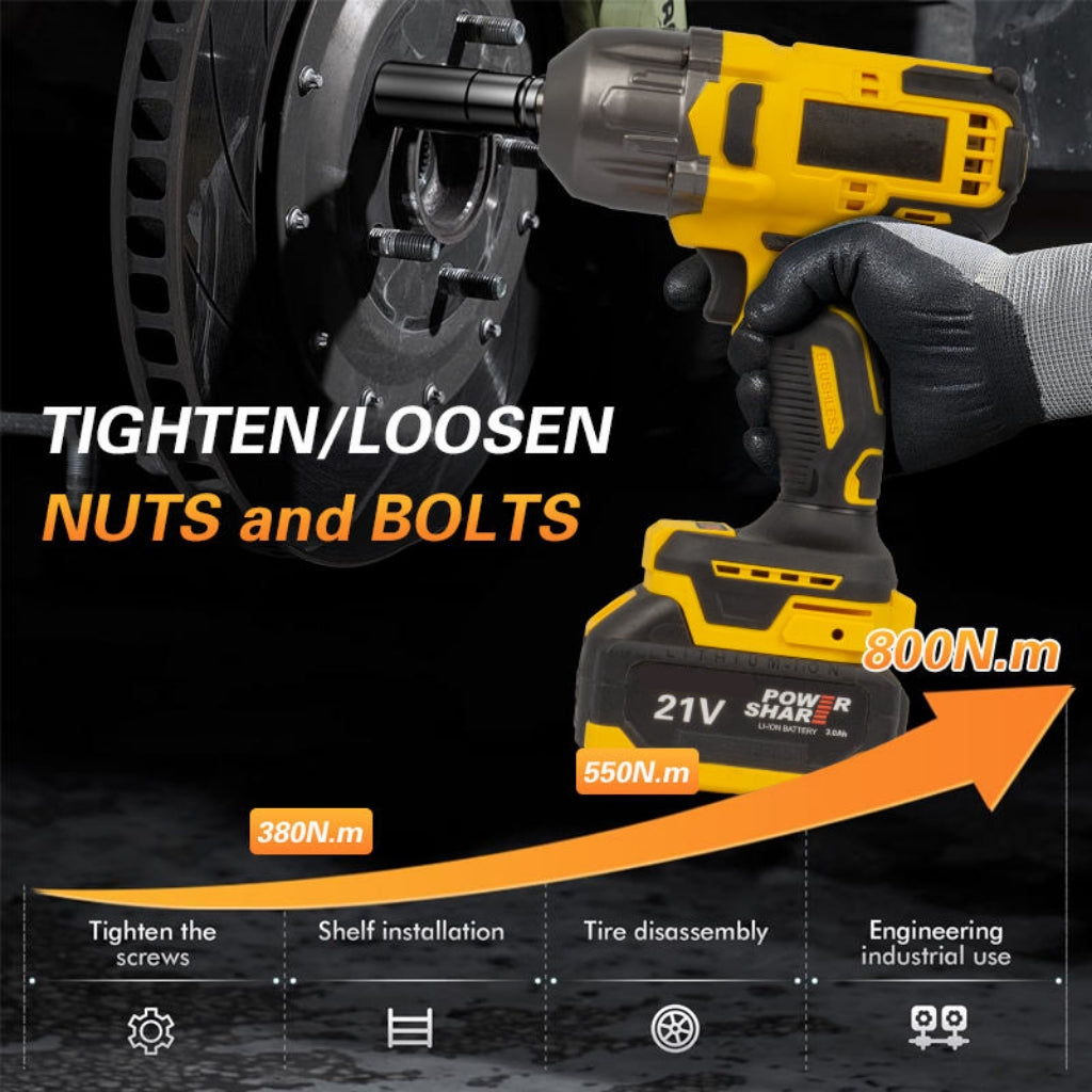 Yellow electric impact wrench for tightening/loosening nuts and bolts, featuring a torque range from 380N·m to 800N·m suitable for scenarios like screw tightening, shelf installation, tire disassembly, and engineering industrial use.