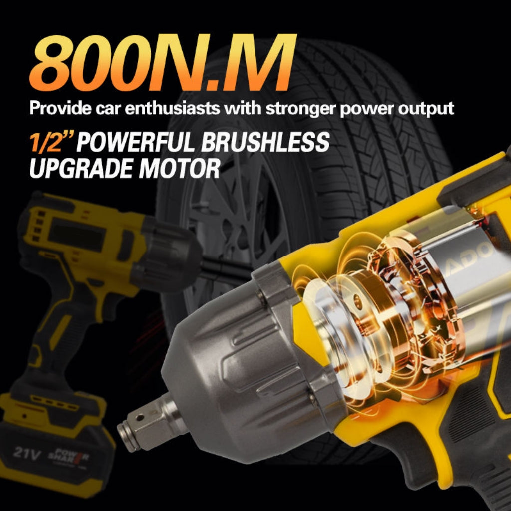 800N·m high - torque electric impact wrench equipped with a 1/2” powerful brushless upgraded motor, delivering stronger power output for car enthusiasts.