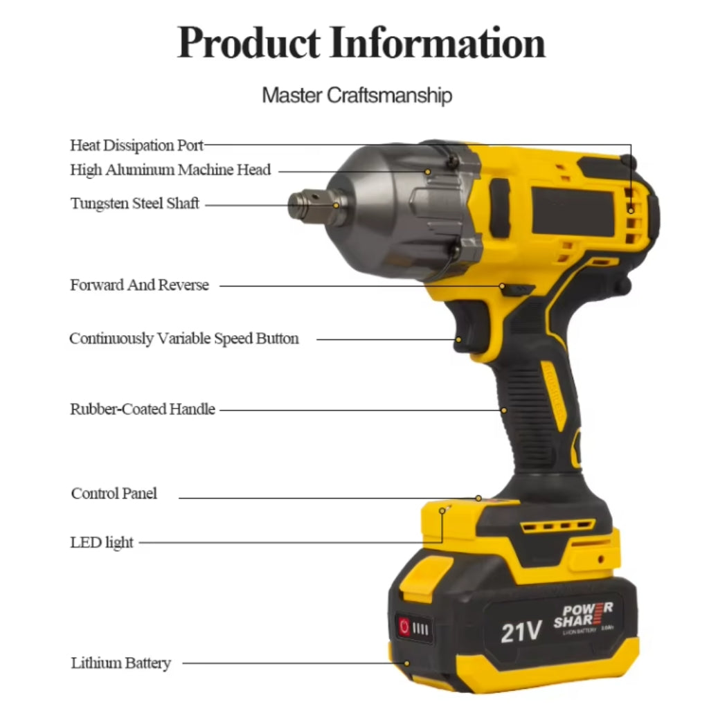 21V Rechargeable Brushless High-Torque Impact Wrench 800N·m Industrial-Grade Electric Wrench Maintenance Tool