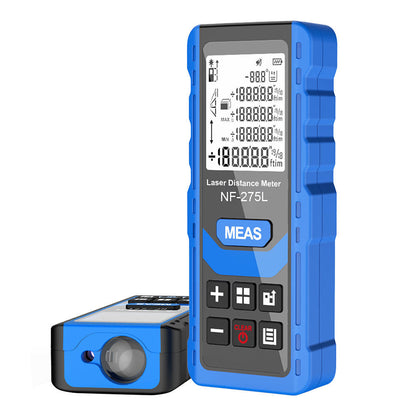Front view of the laser distance meter showing its LCD display, MEAS measurement button, and compact design.
