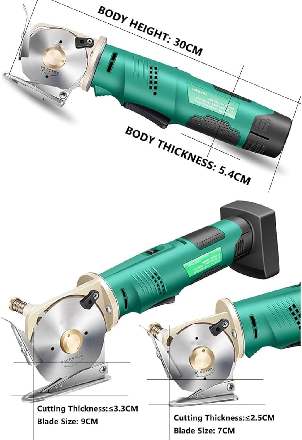 Side view of an automatic handheld cutting machine showing its full body height of 30cm and thickness of 5.4cm. Specifications detail two modes: a 9cm blade for materials up to 3.3cm thick, and a 7cm blade for materials up to 2.5cm thick.