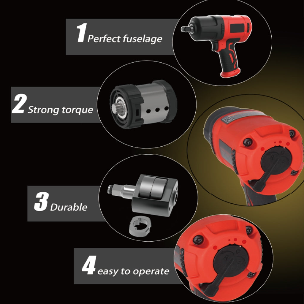 Close-up of a 1/2-inch industrial air impact wrench highlighting its perfect ergonomic fuselage, strong torque output, durable construction, and easy operation