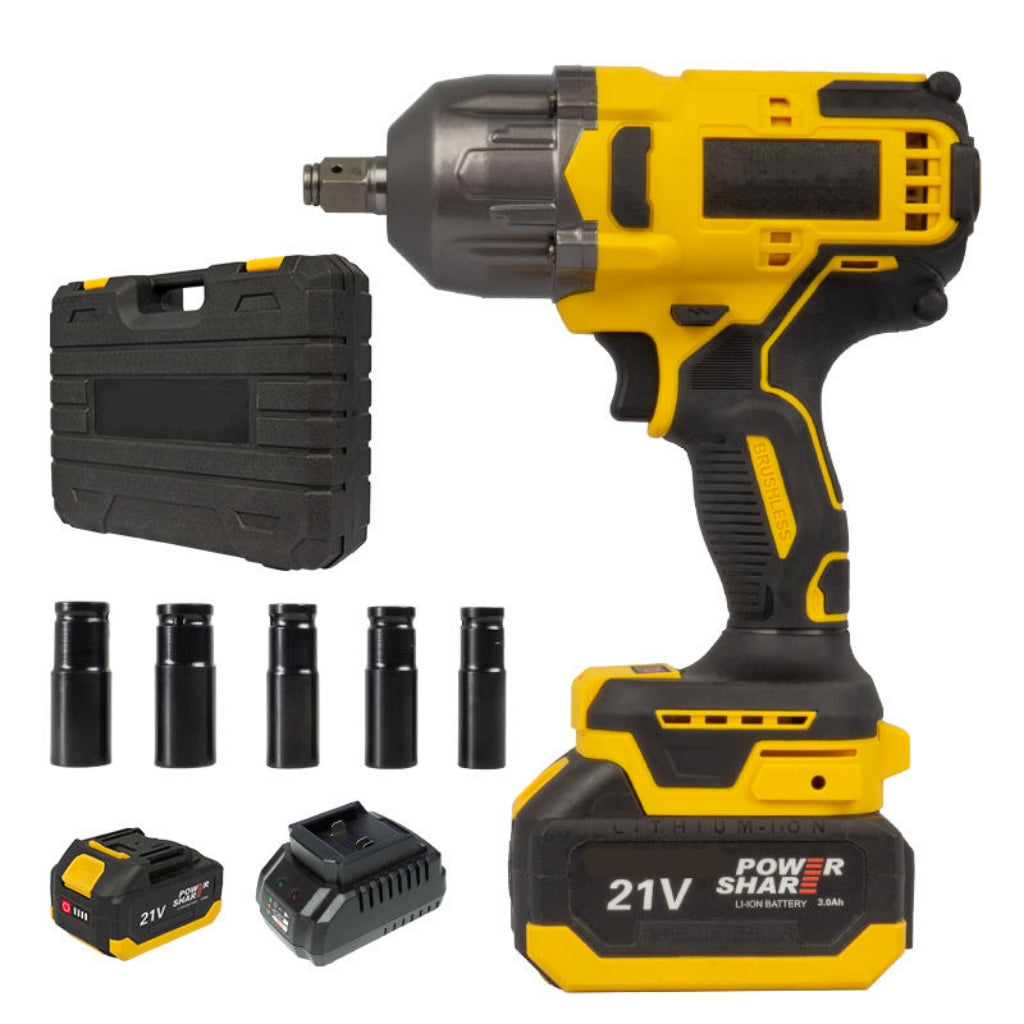 Complete electric impact wrench kit including the wrench, 21V battery, charger, multiple sockets, and a rugged carrying case.